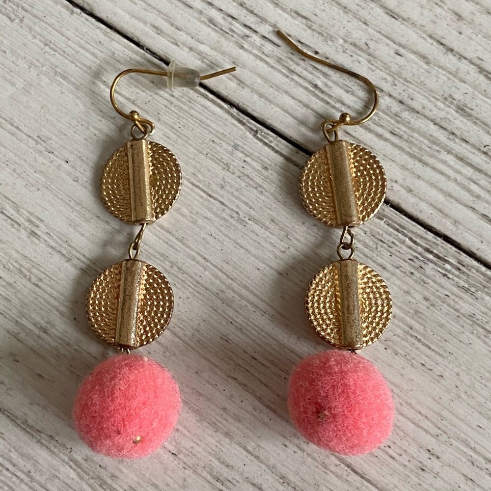 Dangle Gold & Pink Puff Ball Earrings